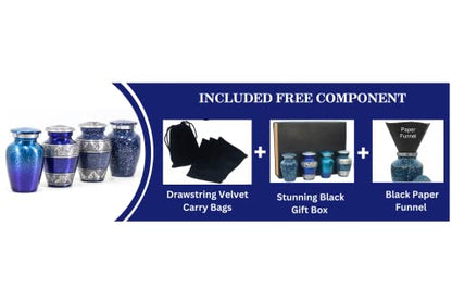 Blue Small Urns for Human Ashes Female Male | Set of 4 Premium Mini Keepsake Urns with Four Velvet Bags A Paper Funnel and A Stunning Magnet Closer Gift Box - color: Blue