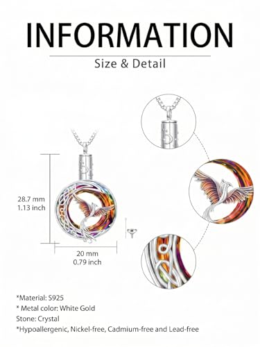 TOUPOP Phoenix Urn Necklace Cremation Jewelry for Ashes 925 Sterling Silver Crystal Phoenix Pendant with Funnel Filler Memorial Jewelry Gifts for Women - color: 02-Fire Phoenix