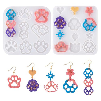 2Pcs Pet Paw Print Silicone Molds Puppy Kitten Paw Earring Resin Molds Cute Animal Dog Cat Footprint Epoxy Resin Casting Molds for DIY Crafts Earring Keychain Jewelry Making Supplies - color: Hollow Paw Print-White