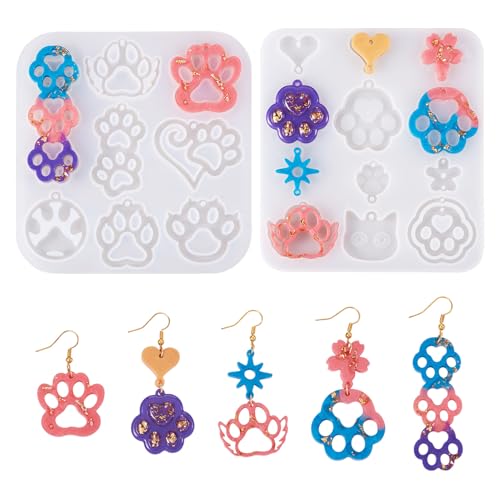 2Pcs Pet Paw Print Silicone Molds Puppy Kitten Paw Earring Resin Molds Cute Animal Dog Cat Footprint Epoxy Resin Casting Molds for DIY Crafts Earring Keychain Jewelry Making Supplies - color: Hollow Paw Print-White
