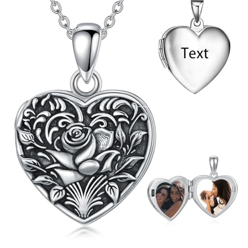 Midari Personalized Heart Locket Necklace That Hold 2 Pictures 925 Sterling Silver Oxidized Photo Necklace Memory Custom Photo Lockets Necklaces Jewelry Gifts for Family Women Lover Mom Dad - color: Rose, style: Locket+Photo+Text