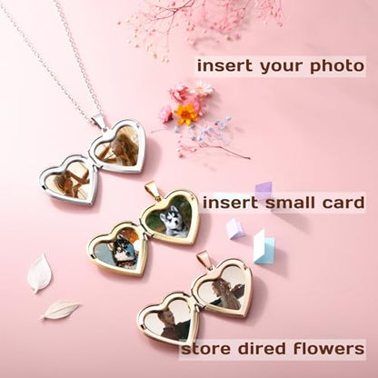 Personalized Heart Locket Necklace for Women with Picture Custom Inside Engraved Text Silver/Gold/Rose Gold Photo Locket Stainless Steel Memorial Gifts for Mom Daughter Grandmother - color: E2: Custom Text (Gold)