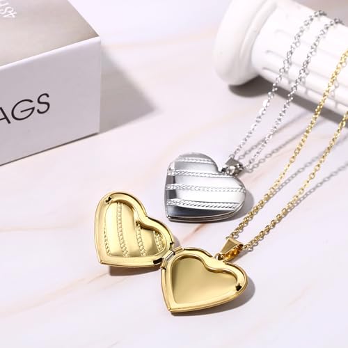 OIDEA Locket Necklace for Women: Gold Photo Lockets that Hold Picture Stainless Steel Necklace with Picture Inside Birthday Mothers Day Jewelry Gifts for Womens - color: stripes heart - gold