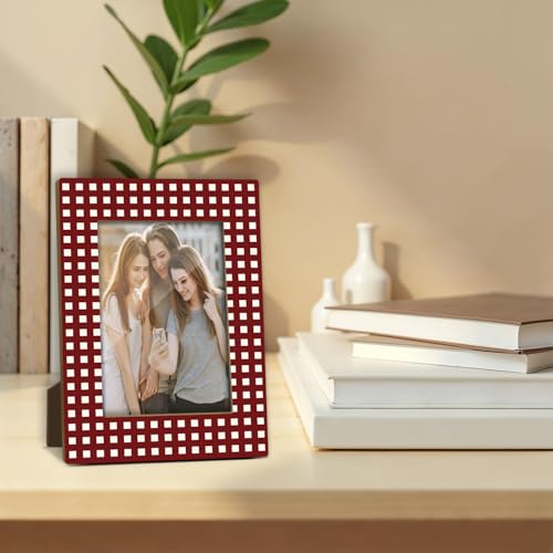 Red Checkered Picture Frame, Birthday Gifts for Sisters Girl Mom Friends Women, Wooden Picture Frame Fits 4x6 Inch Photo, Home Office Desktop Nightstand Display -074 - color: Red Checkered