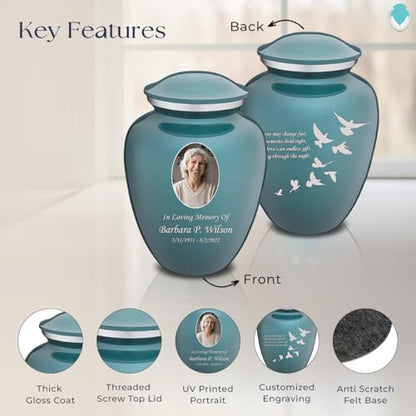 Geturns Embrace Adult Personalized Doves Cremation Urns for Human Ashes I Large Picture Teal Funeral Urn for Adult Men and Women with Double Side Engraving I 200 lbs - color: _Teal (Double Sided)