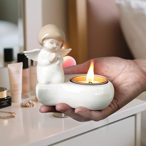 Tealight Candle Holder, Ceramic Angel Candle Holder for Table Display, Decorative Candle Sticks Holder, Tea Light Holder Gift for Party, Thanksgiving & Housewarming (Candle not Included)