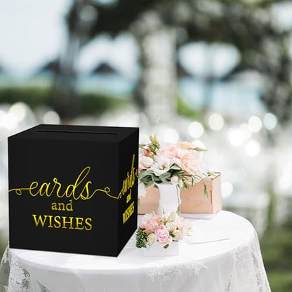 WNINK Black Card Box with Gold Foil Design, Cards and Wishes Gift Cards Box Receiving Box for Wedding Receptions, Bridal & Baby Showers, Anniversaries, Birthdays Party, Graduations, Retirements - color: Cards Wishes Black Gold