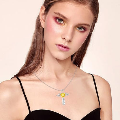 YLT S925 Sterling Silver Cross Angel Wings Necklace for Ashes | Cremation Urn Pendant Birthstone Jewelry Memorial Keepsake Memory Ashes Jewelry Gifts - color: Golden