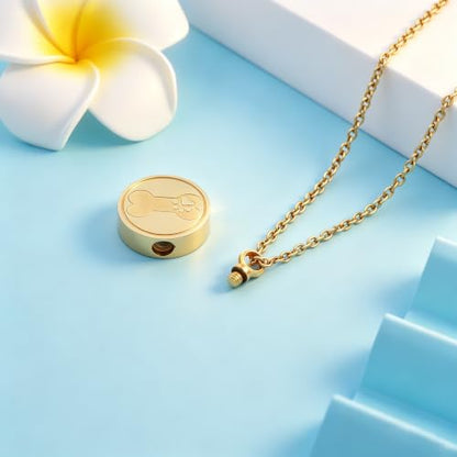 Round Pet Urn Pendant Necklace, Dog Paw Print and Bone Engraved Cremation Jewelry for Ashes, Stainless Steel Dog Keepsake Jewelry Urn Necklaces for Ashes for Women Men - color: Gold