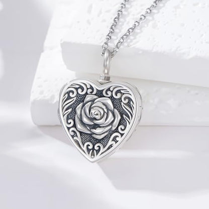 PELOVNY Urn Necklaces for Ashes of Loved Ones 925 Sterling Silver Personalized Heart Locket Urn Necklace Cremation Keepsake Memorial Jewelry Gifts for Women Men - color: Rose Locket Urn