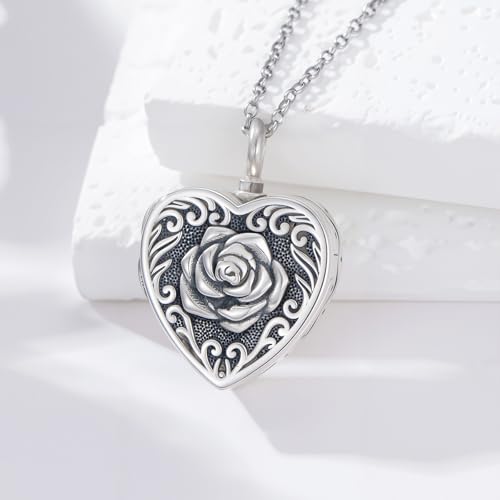 PELOVNY Urn Necklaces for Ashes of Loved Ones 925 Sterling Silver Personalized Heart Locket Urn Necklace Cremation Keepsake Memorial Jewelry Gifts for Women Men - color: Rose Locket Urn