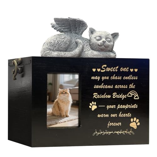 Solid Wood Pet Urn for Cat Ashes Box with Picture Funeral Cremation Box for Dog Wooden Keepsake with Black Flannel Lining for Loss of Cat or Dog Remembrance Gift(Cat Urn-Black-Rainbow-Medium) - color: Cat Urn-black-rainbow, size: Medium