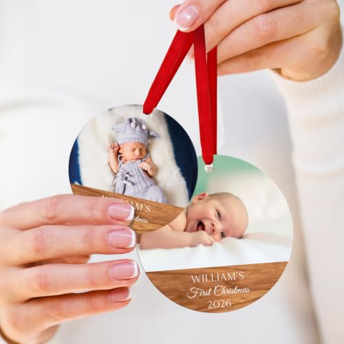 Personalized Baby First Christmas Ornaments Boy and Girl, Custom Photo and Name 2025 Christmas Tree Ornament, Velvet Pouch Included, 3.75" ACM Ornament, Made in The USA - color: Baby Wood