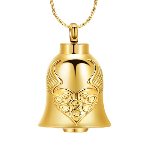 constantlife Cremation Jewelry for Ashes Angel Wing Heart Bell Urn Necklace Memorial Pendant Loved Ones Ash Holder Keepsake Gift for Women Men - color: Golden