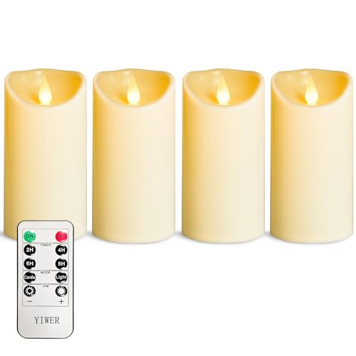 YIWER Plastic Flameless LED Candles,Pack of 4 Battery Operated Candle with 10 Key Remote Control Electric Fake Flickering Light Ivory Pillar D3”H6” - color: D3"-Plastic, size: 4PCS