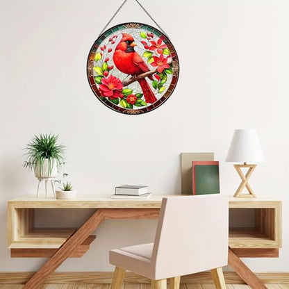 RIVEENY Cardinal Suncatcher Stained Glass, Stained Glass Window Hanging, Cardinal Gifts for Women, Red Birds Suncatchers for Windows, Hand Painted Glass for Birds Lover 20cm/7.87inch - color: Cardinal