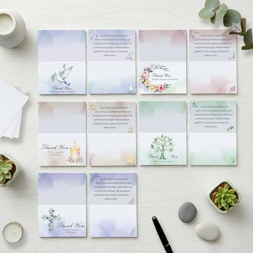 Funeral Thank You Cards with Envelopes & Stickers, 40 Pack 4x6 Inch Folded Bereavement Sympathy Thank You Cards with Message Inside, 5 Watercolor Designs for Memorial Service, Family, Friends & Loved Ones (Watercolor A)
