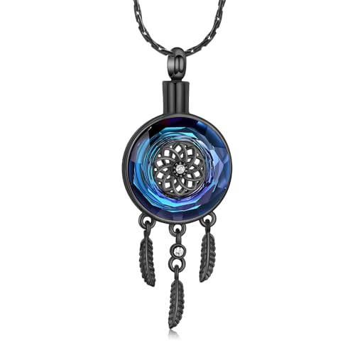 constantlife Circle of Life Dreamcatcher Cremation Jewelry for Ashes Stainless Steel Crystal Pendant Urn Necklace Keepsake Human Pet Memorial Gift for Women Men - color: Black-Blue
