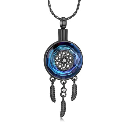 constantlife Circle of Life Dreamcatcher Cremation Jewelry for Ashes Stainless Steel Crystal Pendant Urn Necklace Keepsake Human Pet Memorial Gift for Women Men - color: Black-Blue