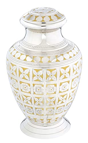 BOLD & DIVINE Cremation Urn for Human Ashes Adult Brass Funeral Urn |Metal Hand Engraving Large Urn | for Adults Display Burial at Home or in Niche at Columbarium (Silvery Shine/Golden Design) - color: Silvery Shine / Golden Design
