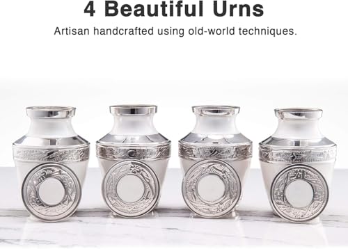 BOLD & DIVINE Small Heavenly Peace Pearl White Keepsake Urns |for Human Ashes | Handcrafted | 3" Tall Mini Urn Set of 4 with Individual Velvet Bags - size: Heavenly Peace Pearl White Mini Urns Set of 4