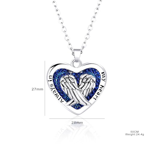 MeiceM Heart Crystal Urn Necklace for Ashes A Piece Of My Heart Lives In Heaven Cremation Jewelry Angel Wings Memorial Keepsake Pendant - color: white gold plated