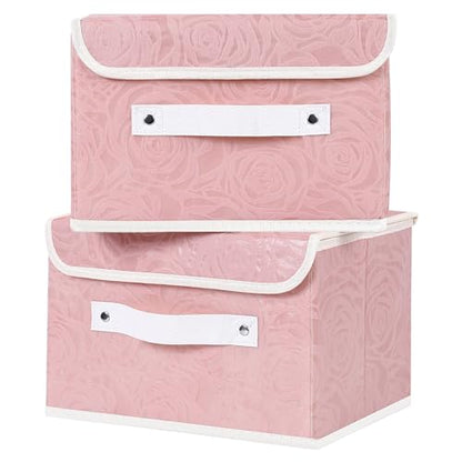 ANMINY Fabric Storage Box Bins with Lids, Rose Print, Pink, 4PCS Small | Keepsake Memory Storage, Nonwoven Fabric, PP Board Frame, Washable, PU Handles, Foldable Stackable, Decorative, 10"x8"x7" - size: Small (Pack of 4)