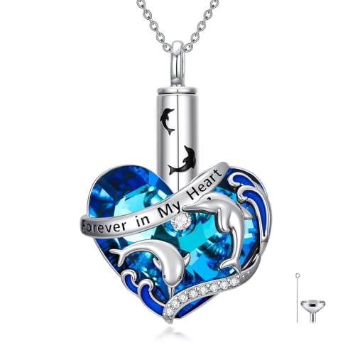 Urn Necklace for Women Sterling Silver Meaningful Memorial Jewelry | Paw Print/Butterfly/Dragonfly/Bird/Dolphin/Mountain/Tree of Life Urn Necklace for Ashes Cremation Keepsake Jewelry for Women - style: Heart-Dolphin