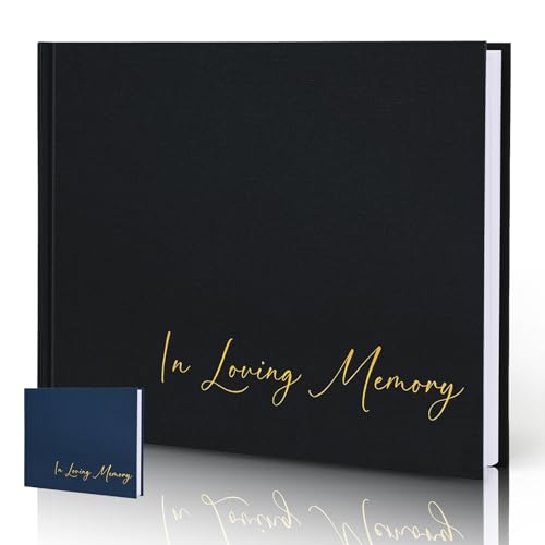 Funeral Guest Book for Memorial Service, in Loving Memory 9x7.5 | 330 Entries, Table Sign Card Included, Gold Stamping, Oxford-Textured Paper Cover, Minimalist Design, Black - color: Black Minimalist