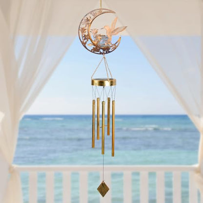 Hummningbird Solar Outdoor Wind Chimes - Unique Moon Hummingbird Design, for Mothers, Grandmothers, Sisters, Friends and Girls on Birthdays, Christmas, Thanksgiving and Mother's Day - color: Moon Hummingbird