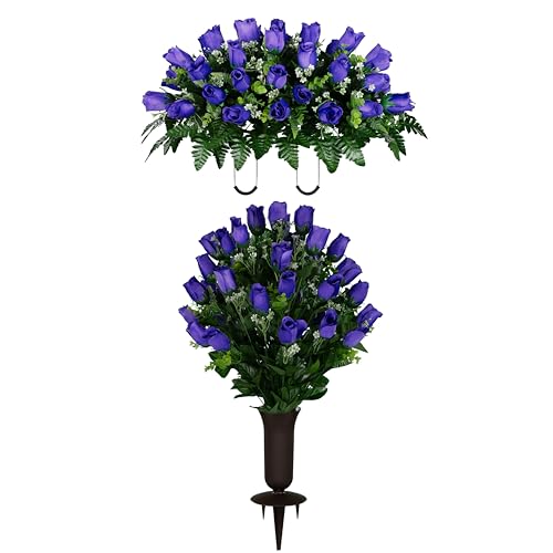 Sympathy Silks Artificial Cemetery Flowers - Gravesite Flowers - Purple Roses - (1) Headstone Flower Saddle & (1) Matching Bouquet (1) Cemetery Vase Included - color: Purple Roses, size: (1) Saddle (1) Bouquet (1) Vase