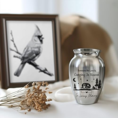 Forest Camping Memorial Mini Urn, Stainless Steel Small Keepsake Urn for Human Ashes, Engraved Campfire Design, 2.56" Funeral Remembrance Vessel for Camper & Nature Lovers
