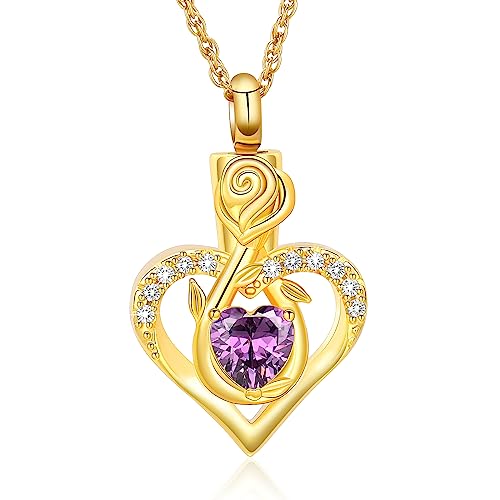 Roseflower Cremation Jewelry Heart Urn Necklace for Ashes for Women Gilrs Memorial Keepsake Birthstone Pendant Necklaces for Ashes of Loved Ones - color: Golden-purple