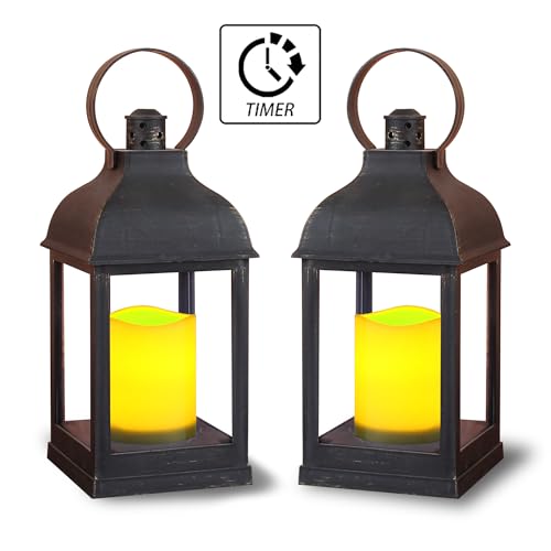 WRalwaysLX 2pack Decorative Lantern with flameless LED Candle Light, ON/Off/Timer Candle with 6Hours, Outdoor/Indoor LED Lantern, Use AAA Battery(not Include) Bronze Plastic (4x9) - size: 2pack 4x9"