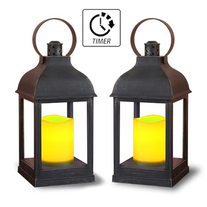 WRalwaysLX 2pack Decorative Lantern with flameless LED Candle Light, ON/Off/Timer Candle with 6Hours, Outdoor/Indoor LED Lantern, Use AAA Battery(not Include) Bronze Plastic (4x9) - size: 2pack 4x9"