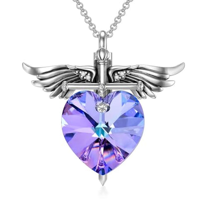 SOULMEET Memorial Wings Necklace for Ashes with Large Heart Crystal Birthstone, Angel Wings Urn Necklaces with Heart Shaped Birthstone Keepsake Silver Cremation Jewelry - style: B-February