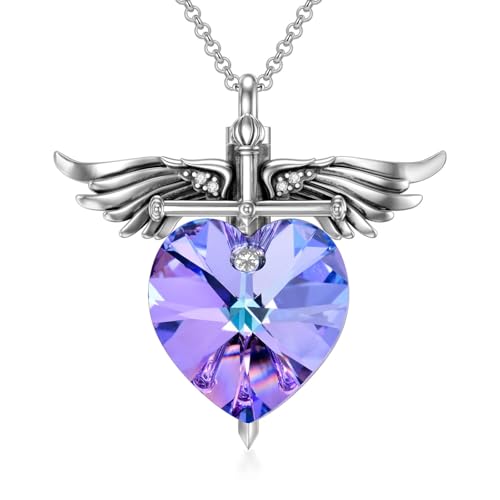 SOULMEET Memorial Wings Necklace for Ashes with Large Heart Crystal Birthstone, Angel Wings Urn Necklaces with Heart Shaped Birthstone Keepsake Silver Cremation Jewelry - style: B-February
