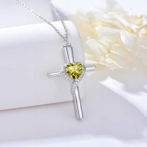 TOUPOP Cross Urn Necklaces for Ashes Birthstone Cremation Jewelry 925 Sterling Silver Cross Memorial Keepsake Funeral Jewelry for Women (with Funnel Filler) - color: 08-August-Peridot