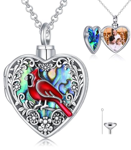 Personalized Heart Urn Locket Necklace for Ashes and Pictures 925 Sterling Silver Customized Locket Cremation Necklace for Ashes Memorial Keepsake Jewelry for Women - color: Abalone Cardinal Urn Locket, style: No Custom