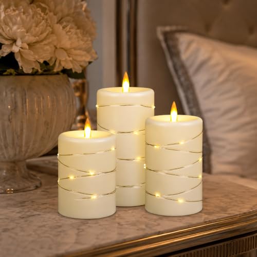 Upinmz Flickering Flameless Candles with String Lights, Battery Operated Candle, LED Pillar Fake Candle with Remote Control and Timer -3 Pack Ivory White - size: Ivory-Acrylic-3 Pack
