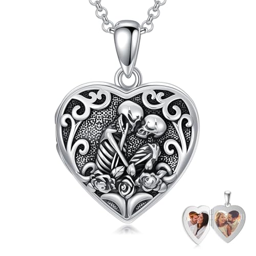 Personalized Heart Locket Necklace That Holds Pictures 925 Sterling Silver Custom Photo Lockets Necklaces Jewelry Gifts for Family Women Lover - color: Skull, style: Locket Only