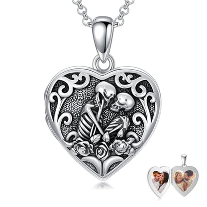 Personalized Heart Locket Necklace That Holds Pictures 925 Sterling Silver Custom Photo Lockets Necklaces Jewelry Gifts for Family Women Lover - color: Skull, style: Locket Only