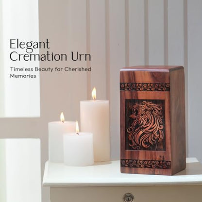 Lion Wood Urns for Adult Ashes Eternal Love Urn 11.25-Inch - Urns for Ashes Adult Male - Funeral Urns for Adult Ashes Men - Cremation Urns Adult Large Urns 11.25 Inch, Natural | Handcrafted Wood Cremation Urns for Human Ashes - Memorial Gift for Loss of M
