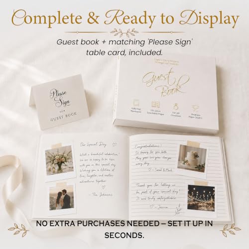 Wedding Guest Book, 100 Blank Pages, 9×7" Gold Foil Hardcover - color: White