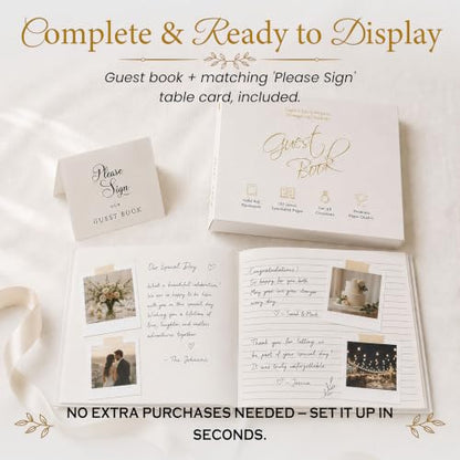 Wedding Guest Book, 100 Blank Pages, 9×7" Gold Foil Hardcover - color: White