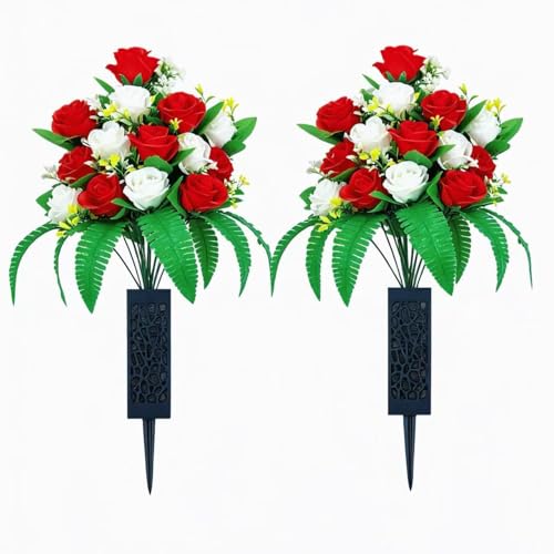 2 Sets Artificial Cemetery Flowers, Red + White - color: Red +White