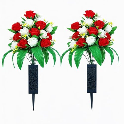 2 Sets Artificial Cemetery Flowers, Red + White - color: Red +White