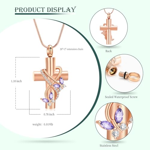 Butterfly Cross Cremation Jewelry Urn Necklaces Stainless Steel Cross Urn Necklaces for Ashes Memorial Keepsake Pendant for Women Gifts With Funnel Kit & Bag - color: Rose+Purple