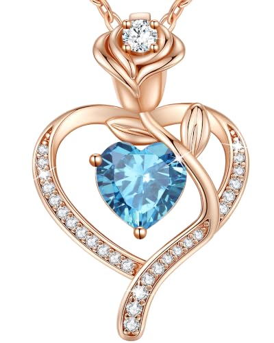 925 Sterling Silver Rose Love Heart Birthstone Necklaces for Women Jewelry | Hypoallergenic Nickel-Free & Lead-Free Pendant,Birthday Anniversary Christmas Gift for Women Wife Mom Girlfriend - color: Rose Gold-03-Mar