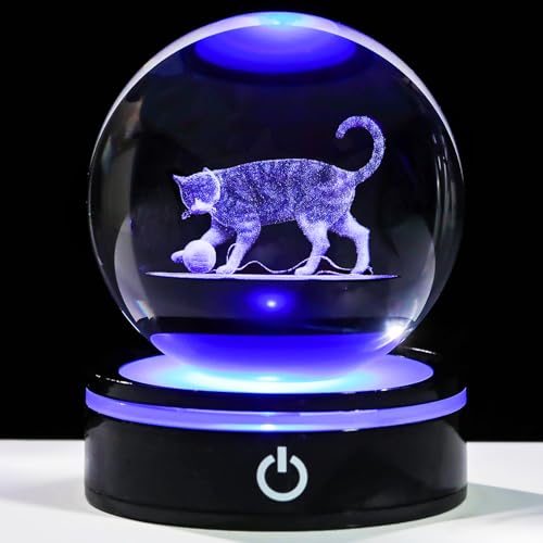 YWHL 3D Cat Figurine Crystal Ball with Colorful LED Base, Laser Engraved Cat Gifts for Women Men for Christmas Birthday, Cats Statue Glass Animal Decorative Ball for Home Decor (80mm) - color: Cat Playing Ball